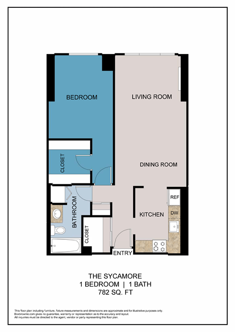 Floor plan for 1 bed, 1 bath, 782 sqft